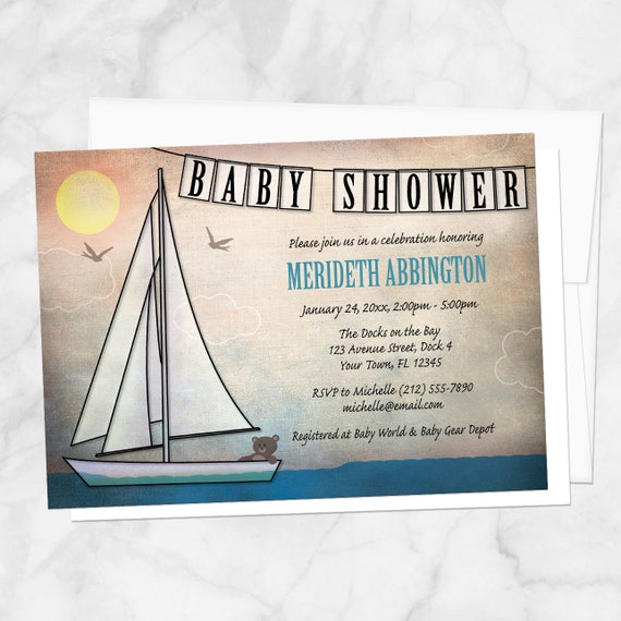 Sailboat Baby Shower Invitations, Rustic Nautical - Teddy bear sailboat with bunting banner, nautical shower invites - Printed Invitations Il_570xn