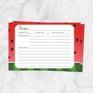 Watermelon Recipe Cards, red green spring or summer fruit design, double-sided 4x6 Printed Recipe Cards image 1