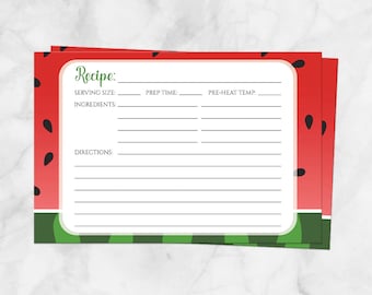 Watermelon Recipe Cards, red green spring or summer fruit design, double-sided - 4x6 Printed Recipe Cards