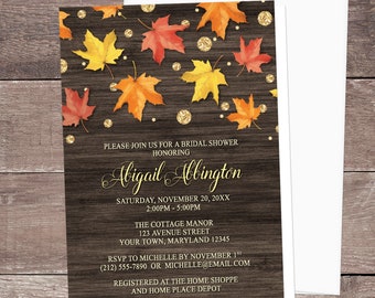 Autumn Bridal Shower Invitations, Rustic Falling Leaves Gold, fall shower invites - Printed