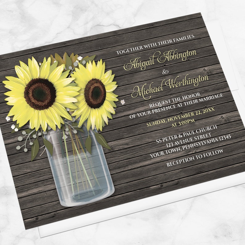 Rustic Sunflower Mason Jar Wedding Invitations, Country Yellow Floral Brown Wood - Printed Invites with Envelopes.