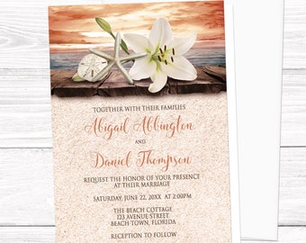 Autumn Beach Wedding Invitations - Lily Seashells Sand, Orange, Tropical Wedding, Destination Wedding, Seaside Wedding - Printed Invitations