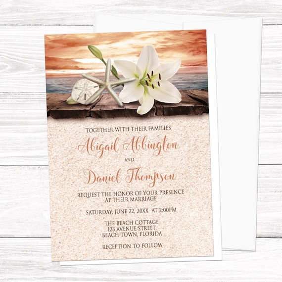 Autumn Beach Wedding Invitations Lily Seashells Sand Orange