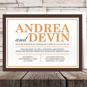 Brown Orange Autumn Reception Only Invitations and RSVP Post Wedding Reception Printed Invitations image 1