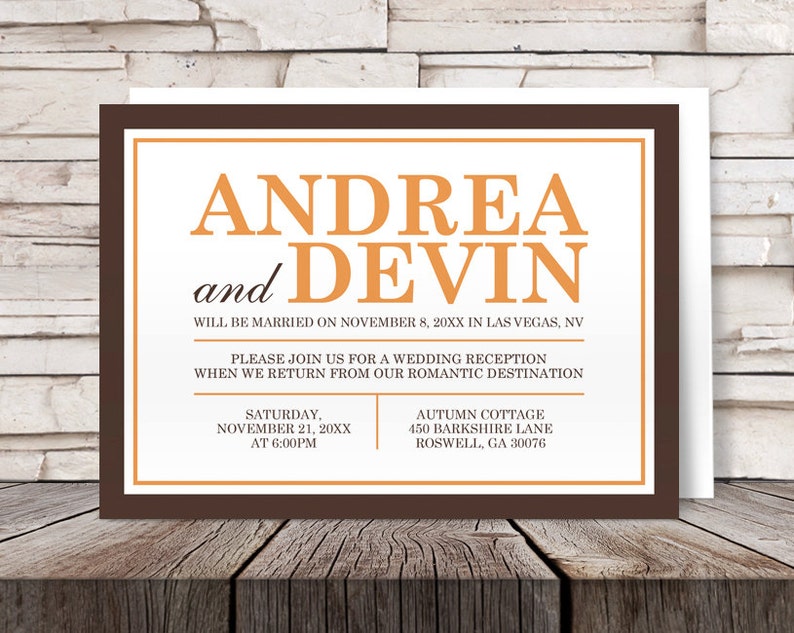 Brown Orange Autumn Reception Only Invitations and RSVP Post Wedding Reception Printed Invitations image 1