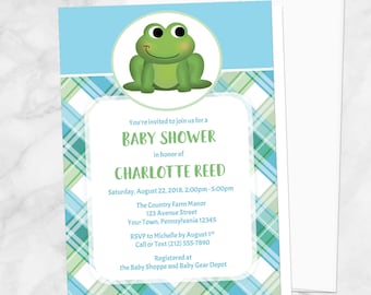 Frog Baby Shower Invitations - Cute Frog Green Blue Plaid Pattern - girl or boy baby shower, frog shower invites - Printed