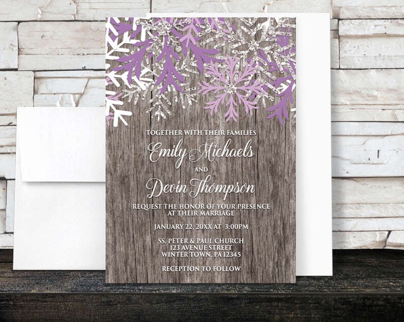 Rustic Winter Wedding Invitations Purple Snowflake design over Country Wood Printed Invitations image 1