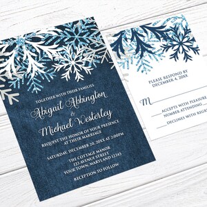 Winter Wedding Invitations, Rustic Snowflake Denim white snowflakes over blue Printed image 3