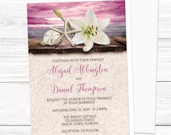 Beach Wedding Invitations - Lily Seashells and Sand, Magenta Pink Beige - Destination Wedding, Tropical Wedding - Printed Beach Invitations