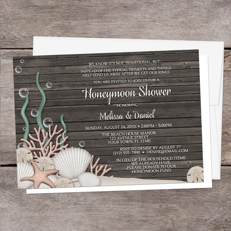 Beach Honeymoon Shower Invitations, Rustic Wood Seashell rustic under the sea design Printed image 1