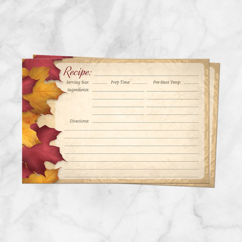 Burgundy Gold Autumn Recipe Cards, Rustic Leaves on Gold color Fall Recipe Cards 4x6 Printed Recipe Cards image 1