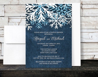 Winter Couples Shower Invitations Denim - Rustic Snowflake Navy Blue Denim Frosty - Printed Invitations