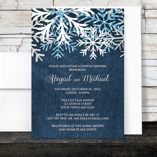 Winter Couples Shower Invitations Denim - Rustic Snowflake Navy Blue Denim Frosty - Printed Invitations