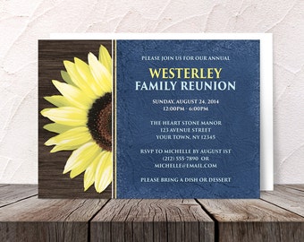 Rustic Sunflower Blue Family Reunion Invitations - Fabric Wood Yellow Floral - Printed Invitations