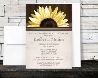 Sunflower Couples Shower Invitations Rustic - Yellow Floral Country Wood with Green and Beige - Printed Invitations