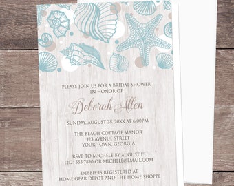 Beach Bridal Invitations - Seashell Whitewashed Wood Beach Bridal Shower - Modern Rustic Beach Seashells - Printed Seashell Invitations