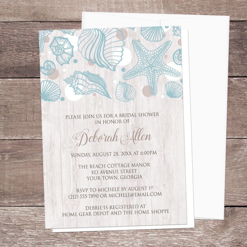 Beach Bridal Invitations Seashell Whitewashed Wood Beach Bridal Shower Modern Rustic Beach Seashells Printed Seashell Invitations image 1