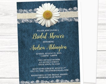 Daisy Bridal Shower Invitations - Burlap and Lace Rustic Blue Denim Invitations, Rustic Shower Invites - Printed Daisy Invitations