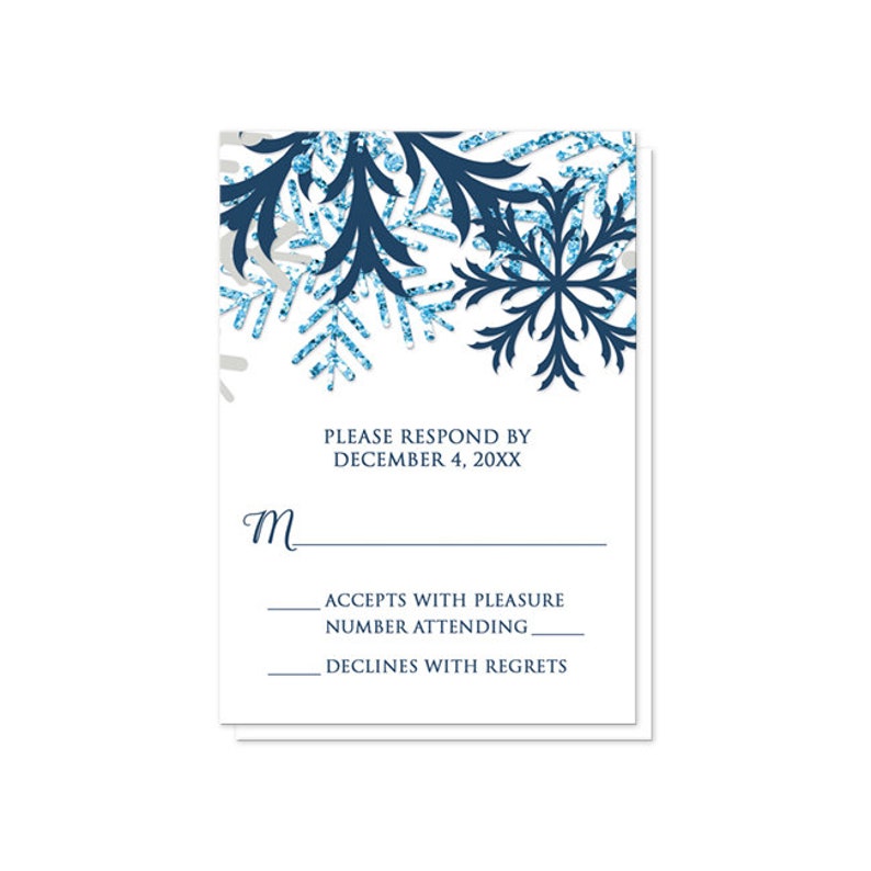 Winter Wedding Invitations, Rustic Snowflake Denim white snowflakes over blue Printed image 5