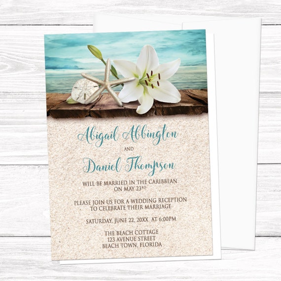 Beach Reception Only Invitations Lily Seashells Sand Teal Etsy