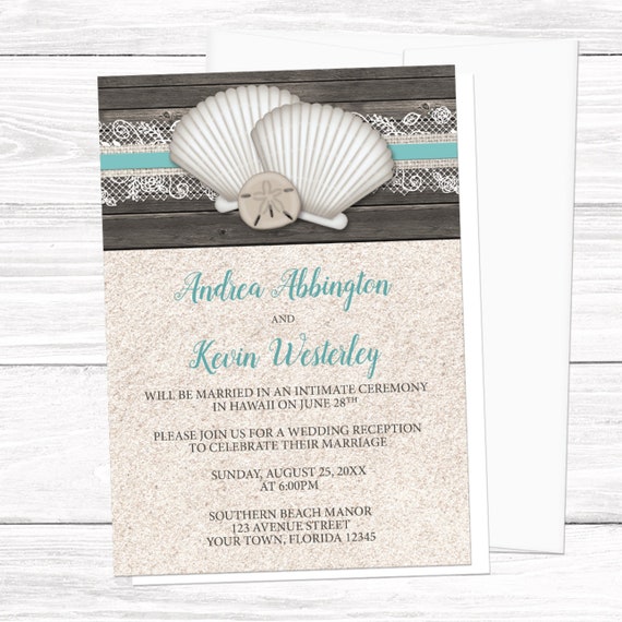 Beach Reception Only Invitations Seashells Lace Rustic Wood And