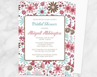 Summer Bridal Shower Invitations, blue berry pink brown flowers, floral invites - Printed