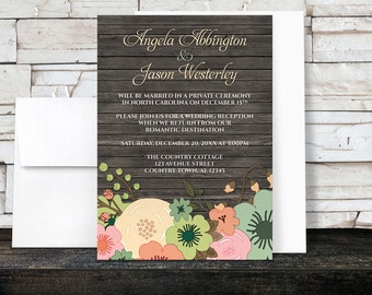 Floral Wood Reception Only Invitations, Rustic Orange Teal Pink Beige Green Flowers Brown, post-wedding reception - Printed Invitations