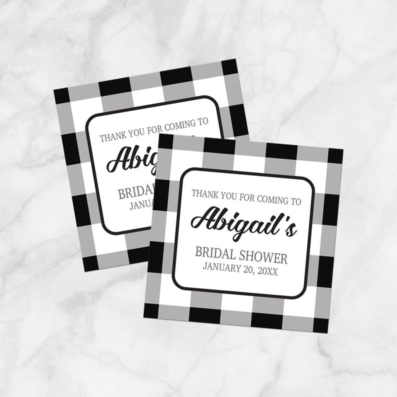 Buffalo Plaid Thank You Stickers, black white check pattern, bridal shower wedding or other, favor stickers Printed image 1