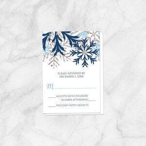 Snowflake Winter Wedding Invitations, Navy Aqua Blue Silver design on White Printed image 4