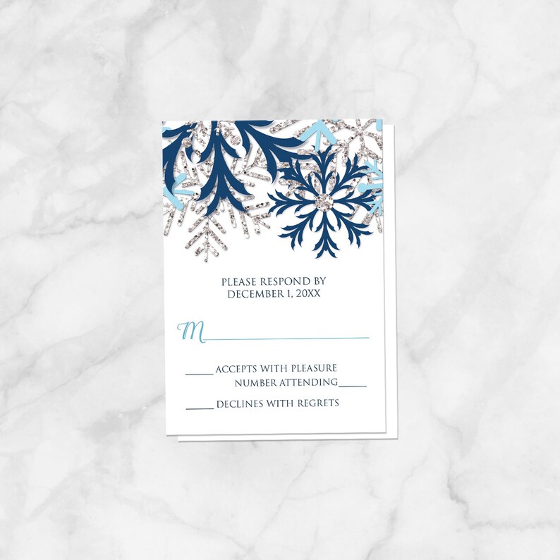 Snowflake Winter Wedding Invitations, Navy Aqua Blue Silver design on White Printed image 4