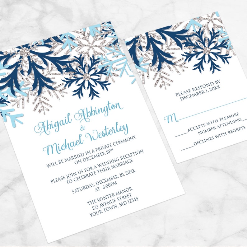 Winter Reception Only Invitations Blue Silver Snowflake design on White Post-Wedding Snowflake Reception Printed Snowflake Invitations image 3