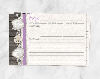 Seashells Purple Lace Recipe Cards, beach rustic wood sand, double-sided - 4x6 Printed Recipe Cards