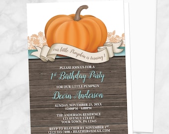 Rustic Pumpkin 1st Birthday Party Invitations: Wood & Teal
