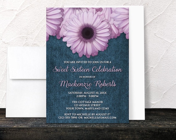 Purple Daisy Denim Sweet 16 Invitations - Purple Blue Floral Spring or Summer Sweet Sixteen - 16th Birthday or any age - Printed Invitations Il_570xn