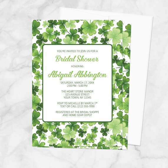 Shamrocks Bridal Shower Invitations, pretty green shamrocks and 4-leaf clovers pattern, irish-inspired invites - Printed Il_570xn