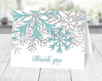 Winter Thank You Cards, Teal Silver Snowflake - Printed Thank You Cards