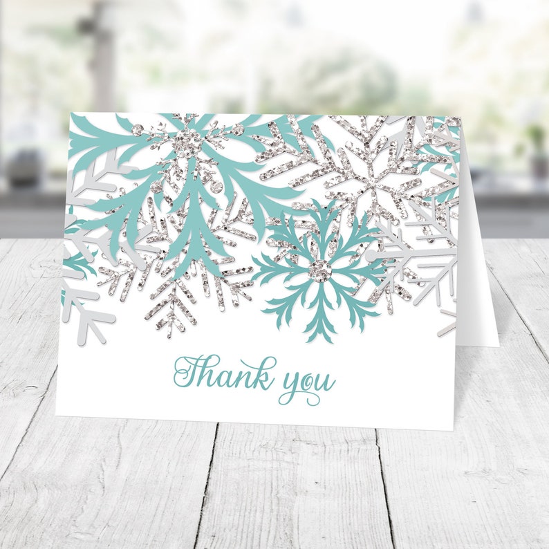 Winter Thank You Cards, Teal Silver Snowflake Printed Thank You Cards image 1