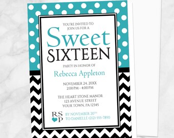 Turquoise Sweet 16 Invitations, Turquoise Polka Dot with Black and White Chevron Zigzag - Sweet sixteen party invites - Printed