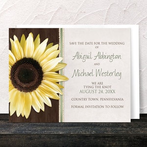 Sunflower Save the Date Cards Country Wood Brown Green Rustic Sunflower Save the Date Printed Flat Cards image 1