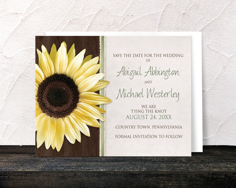 Sunflower Save the Date Cards Country Wood Brown Green Rustic Sunflower Save the Date Printed Flat Cards image 1