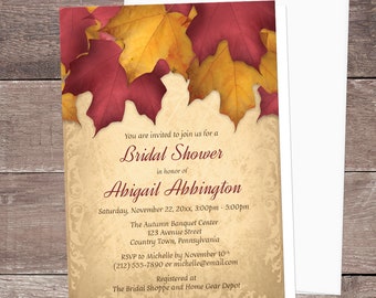 Burgundy Gold Autumn Bridal Shower Invitations - Rustic Fall Bridal Shower Invitations, Rustic Leaves on Gold - Printed Fall Invitations