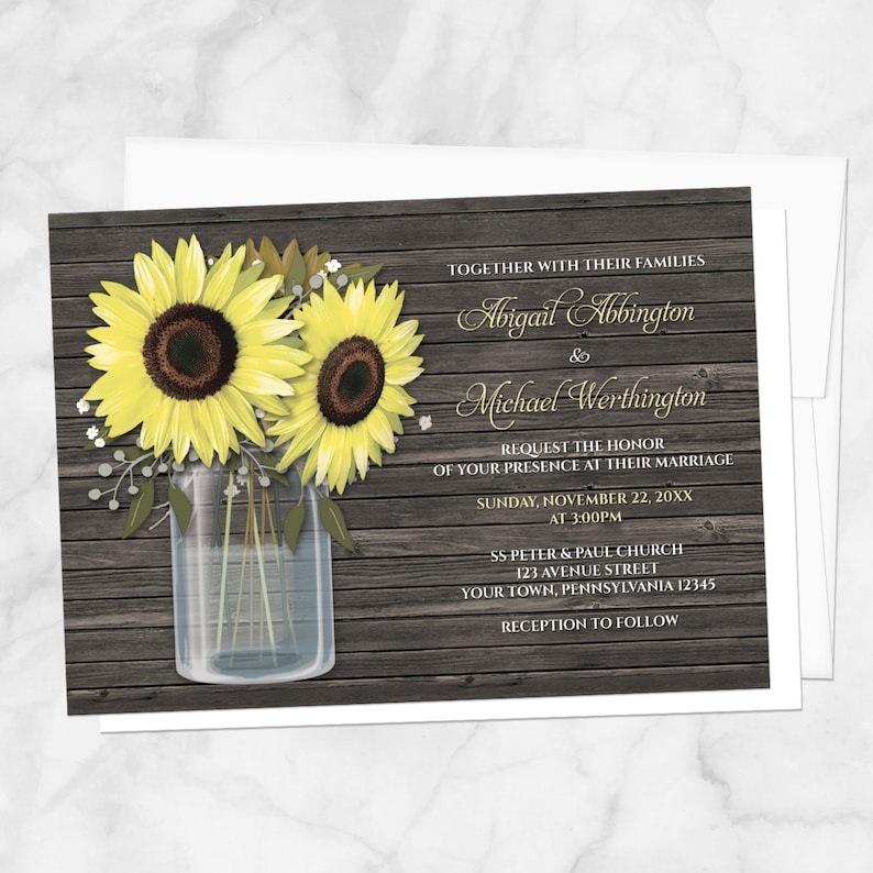 Rustic Sunflower Mason Jar Wedding Invitations, Country Yellow Floral Brown Wood - Printed Invites with Envelopes.