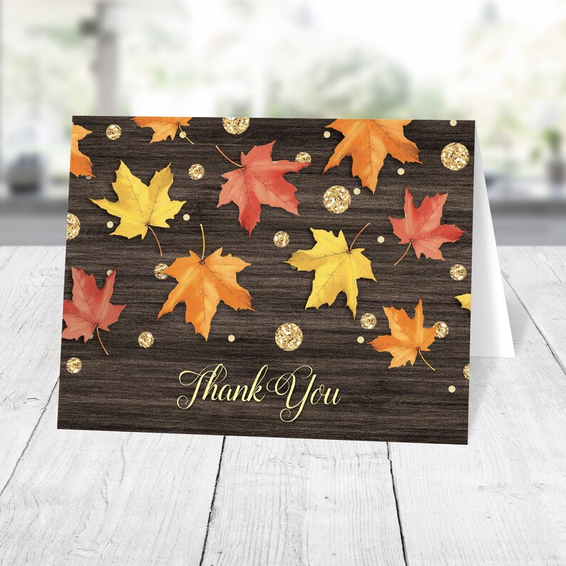 Autumn Thank You Cards, Rustic Falling Leaves with Gold, gold glitter-design fall thank you cards Printed Cards image 1