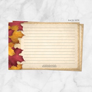 Burgundy Gold Autumn Recipe Cards, Rustic Leaves on Gold color Fall Recipe Cards 4x6 Printed Recipe Cards image 2
