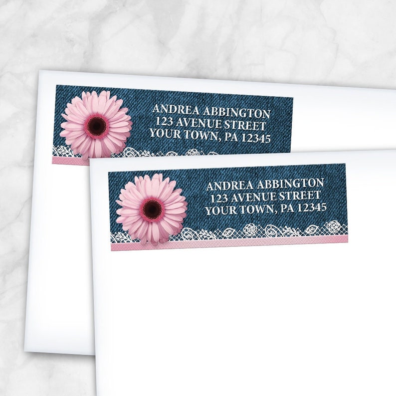 Pink Daisy Address Labels, Lace Rustic Denim, pink blue Printed Return Address Labels image 1