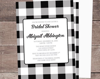 Buffalo Plaid Bridal Shower Invitations, black white check pattern - Printed