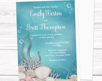 Under the Sea Wedding Invitations, Whimsical Underwater design - aquarium wedding, under the sea invites, beach wedding - Printed