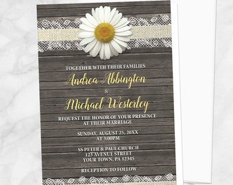 Daisy Wedding Invitations, Burlap and Lace Rustic Wood - Printed