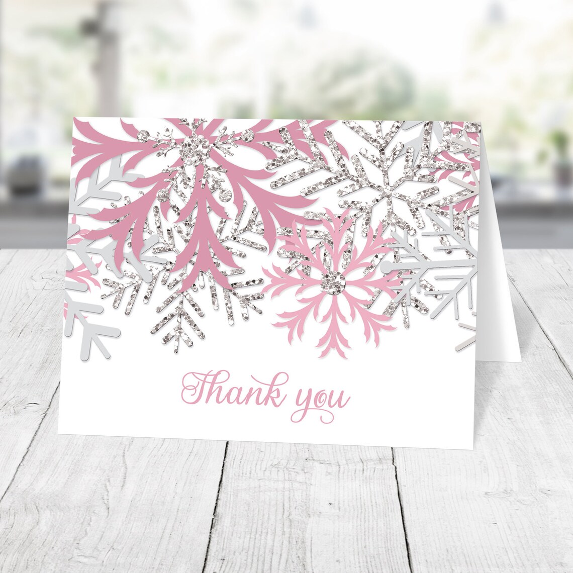 Winter Thank You Cards, Pink Silver Snowflake Printed Thank You Cards