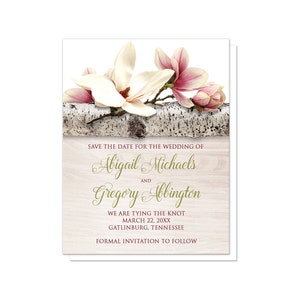 Magnolia Save the Date Cards Floral Birch Light Wood Pink White Flowers Green Printed Flat Cards image 2